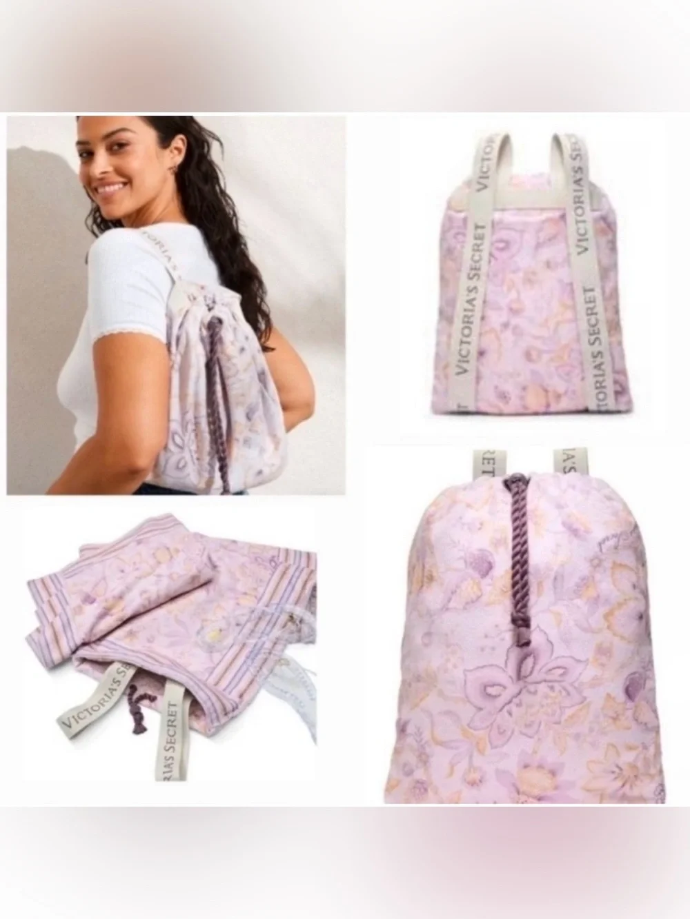 NWT Victoria's Secret 2 in 1 Lilac Purple Floral Towel Drawstring Backpack